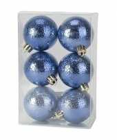 6x donkerblauwe kerstballen 6 cm cirkel motief kunststof plastic kerstversiering