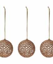 6x gouden glitter draad rotan look kerstballen kunststof 9 cm