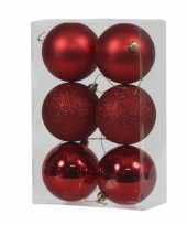 6x rode kunststof kerstballen 8 cm glans mat glitter