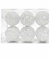 6x rotan kerstballen wit met glitters 5 cm kerstboomversiering