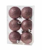 6x roze kerstballen 6 cm glitter kunststof plastic kerstversiering