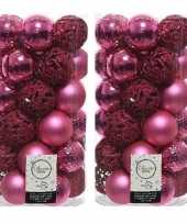 74x fuchsia roze kerstballen 6 cm glanzende matte glitter kunststof plastic kerstversiering