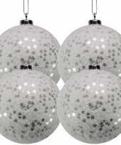 8x kunststof glitter kerstballen met sterretjes 10 cm