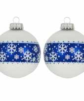 8x luxe witte glazen kerstballen met blauwe opdruk 7 cm