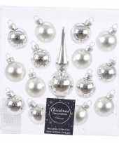 Kerstballen en piek pakket voor mini kerstboom zilver 15 stuks