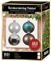 Kerstballen pakket 153 stuks met piek wit blauw bruin zilver