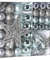 Kerstboomversiering kerstballen set zilver ijsblauw 45 delig