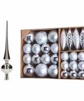 Kerstboomversiering pakket zilveren kunststof kerstballen kerstornamenten en piek